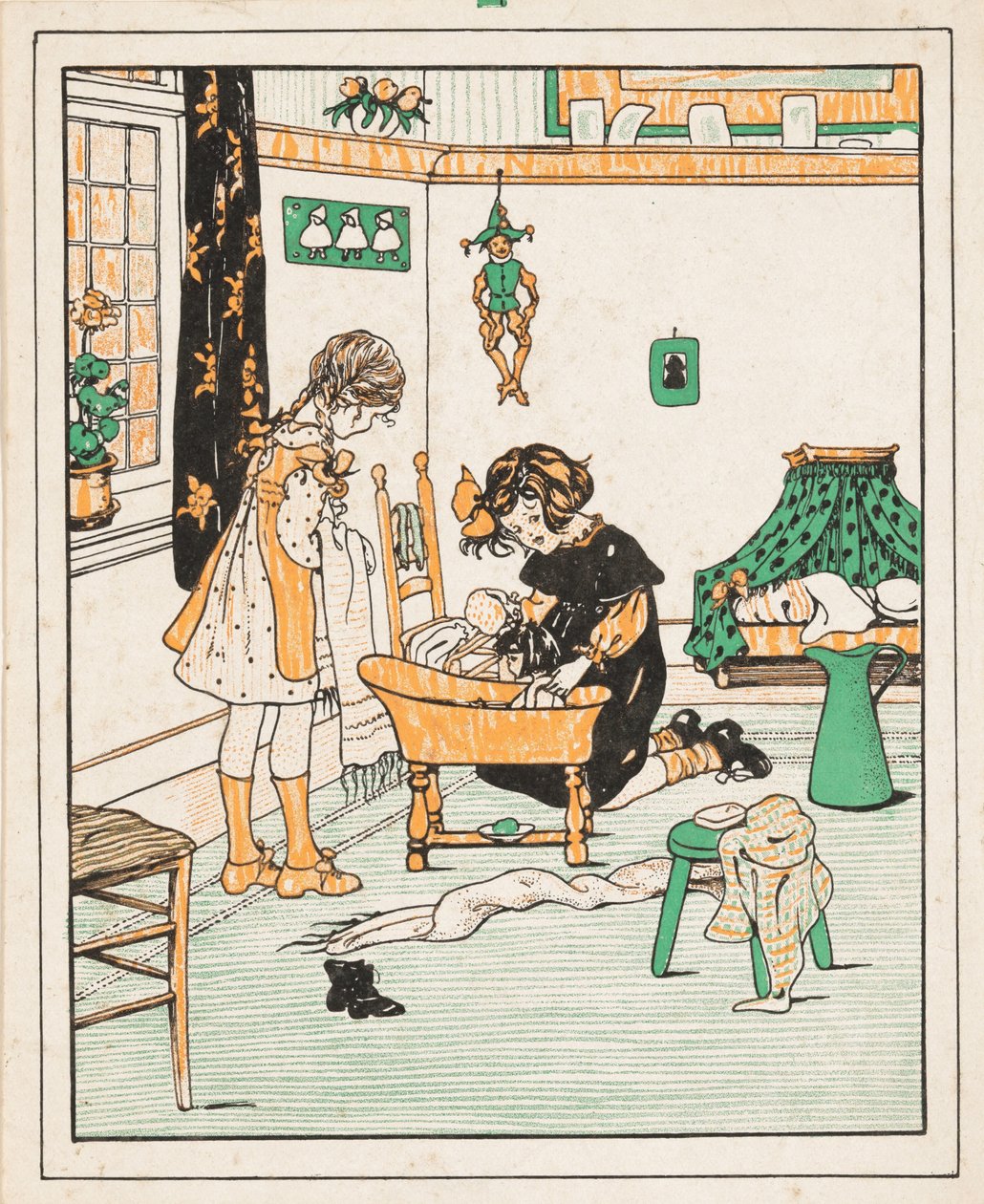 Two Girls Bathing a Doll by Anonymous