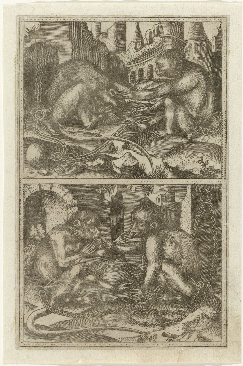 Two Scenes with Two Chained Monkeys Among Ruins by Anonymous