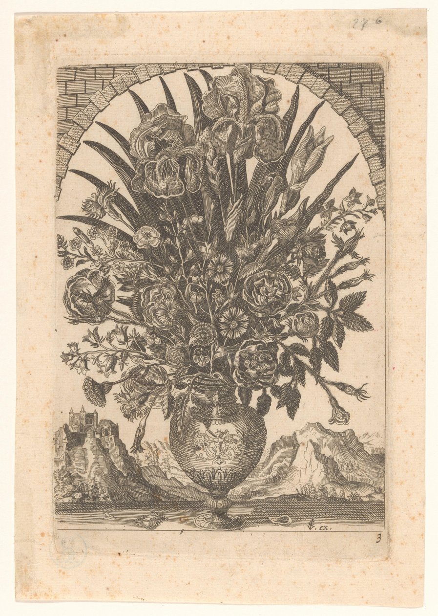Vase with Flowers and Mountain Landscape, Vases with Flowers (series title) by Anonymous