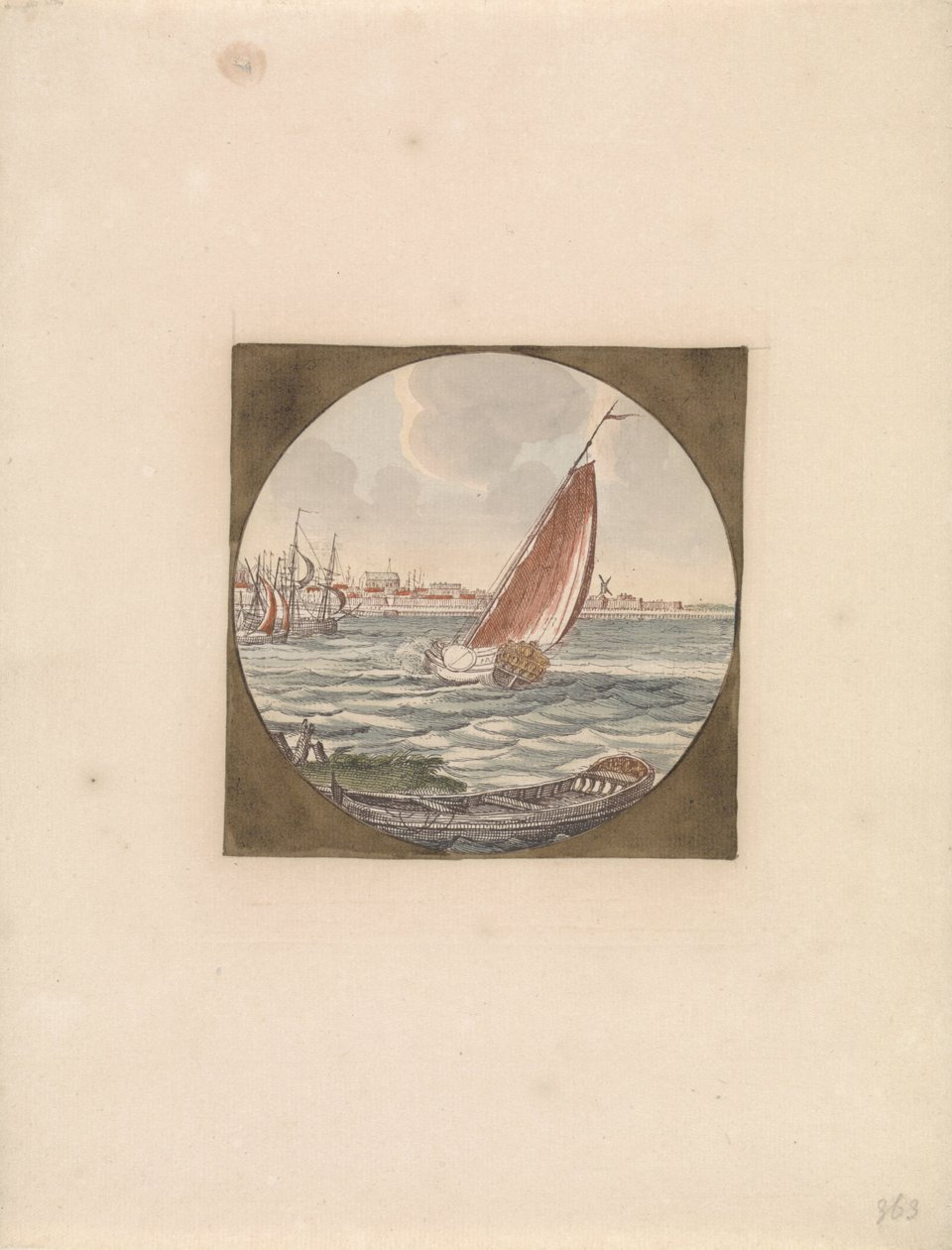 Sailing Ship at Sea with a Sloop in the Foreground, Ships at Sea (series B) (series title) by Anonymous