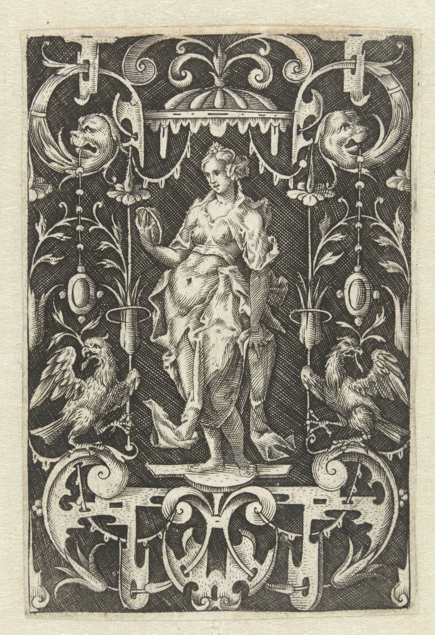 Flat Decoration with the Face (Personifications of the Five Senses, Surrounded by Grotesques with Animals and Fruits) by Anonymous