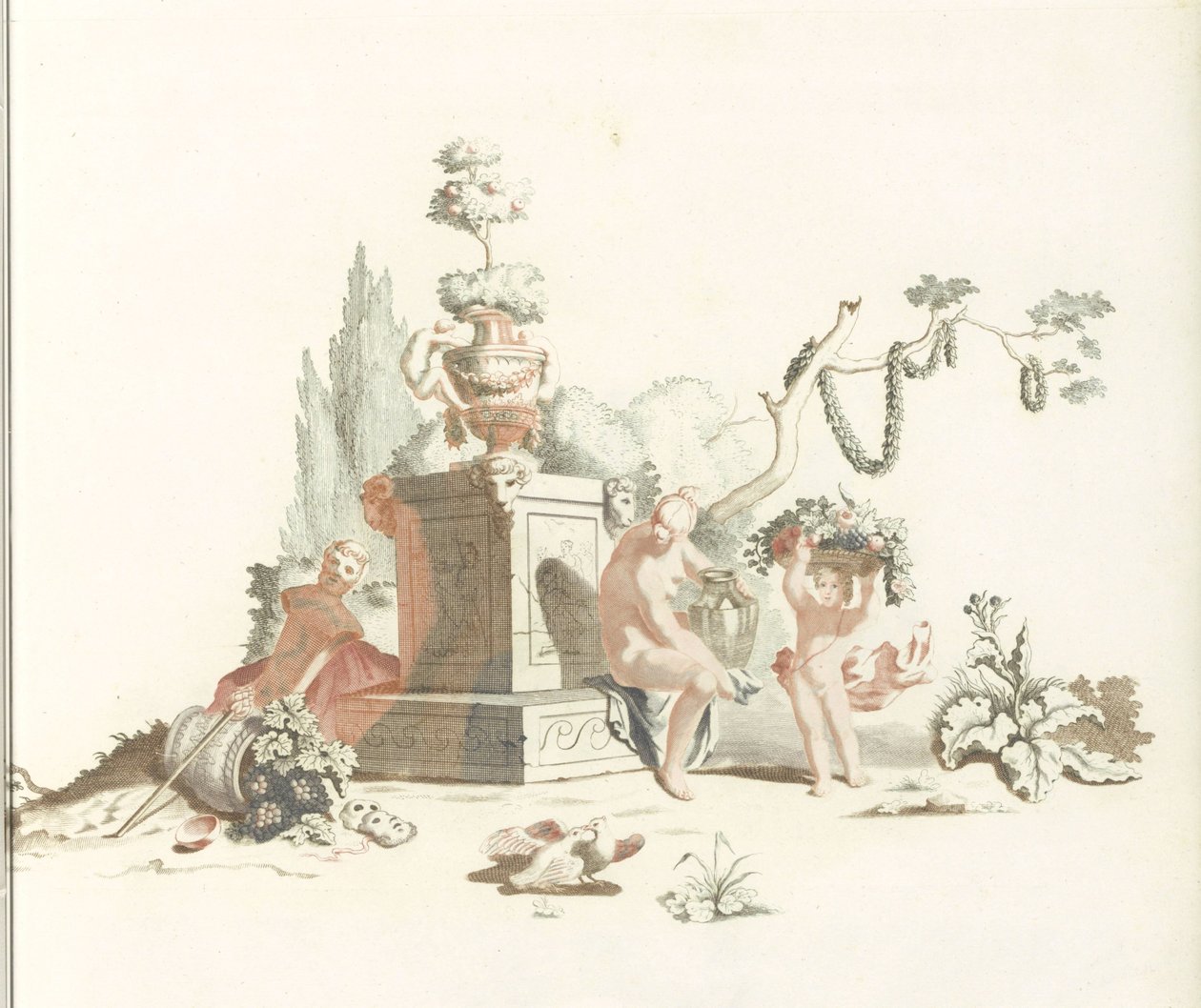 Woman and Boy with a Basket of Flowers at the Foot of a Monument by Anonymous