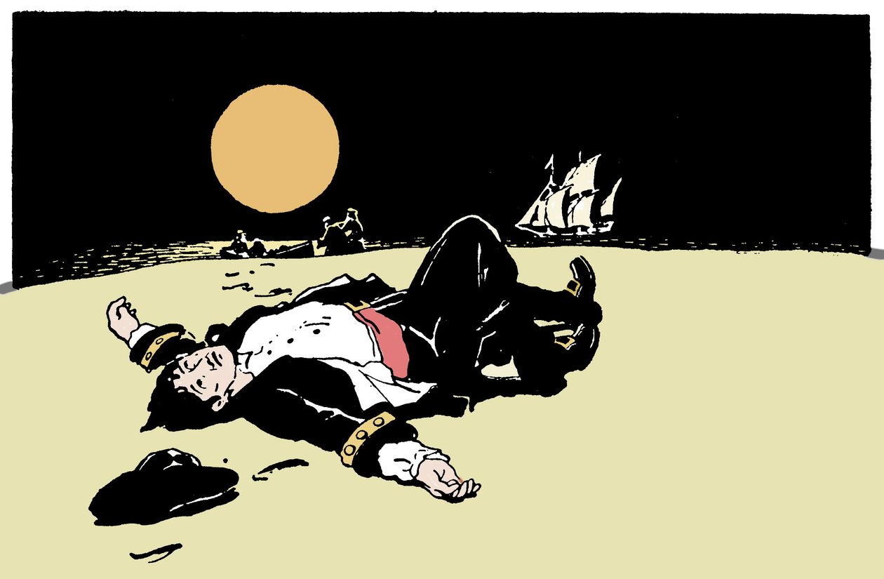 A captain killed by pirates is abandoned on an island, the pirate ship moves away on the horizon (Illustration from 