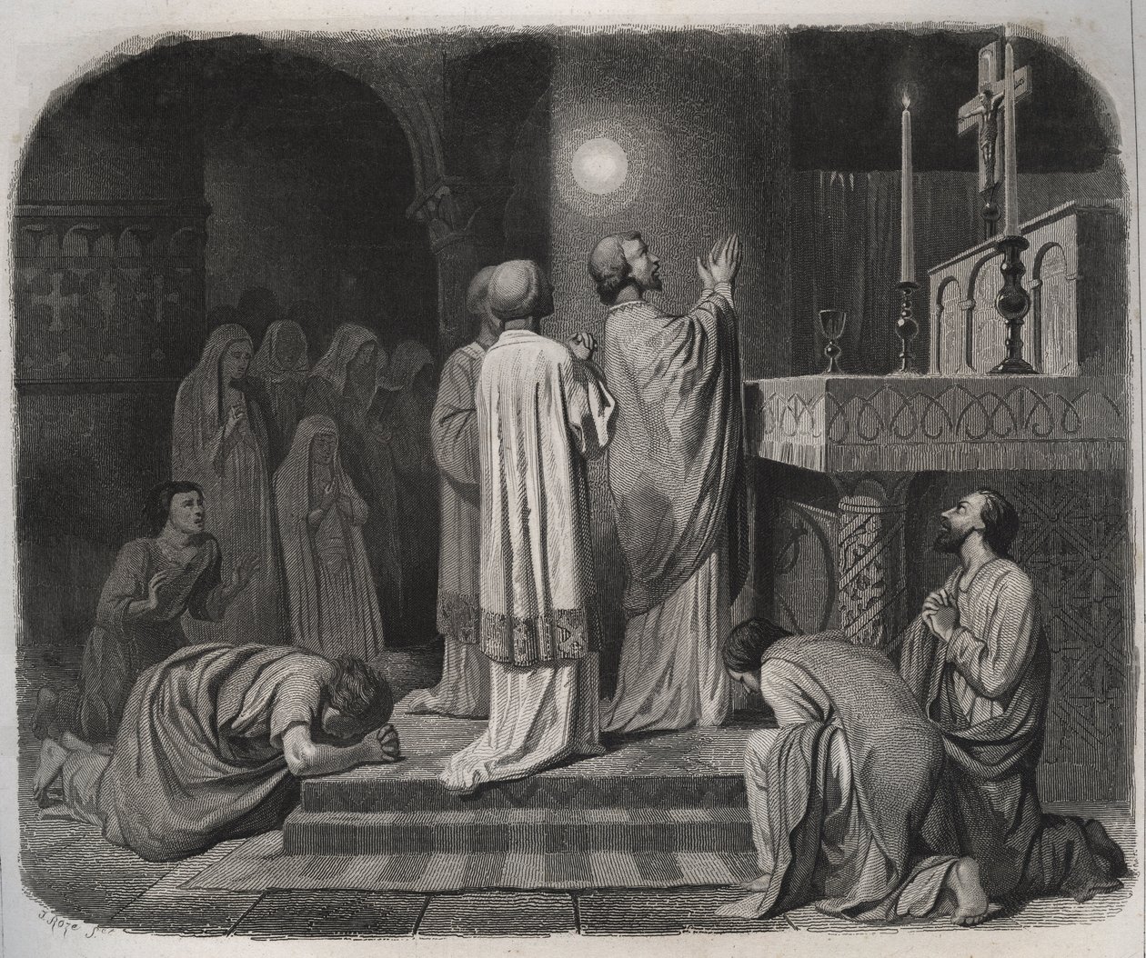 A Globe of Fire Appears Above Saint Martin, Bishop of Tours, While He Works. Engraving from 1846 in 