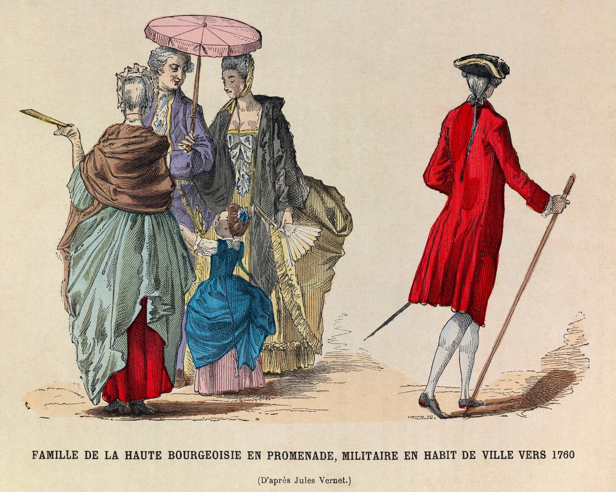 A High Bourgeoisie Family Walking and a Soldier in Town Dress in 1760 (Reign of King Louis XV) - Private Collection by Anonymous Anonymous