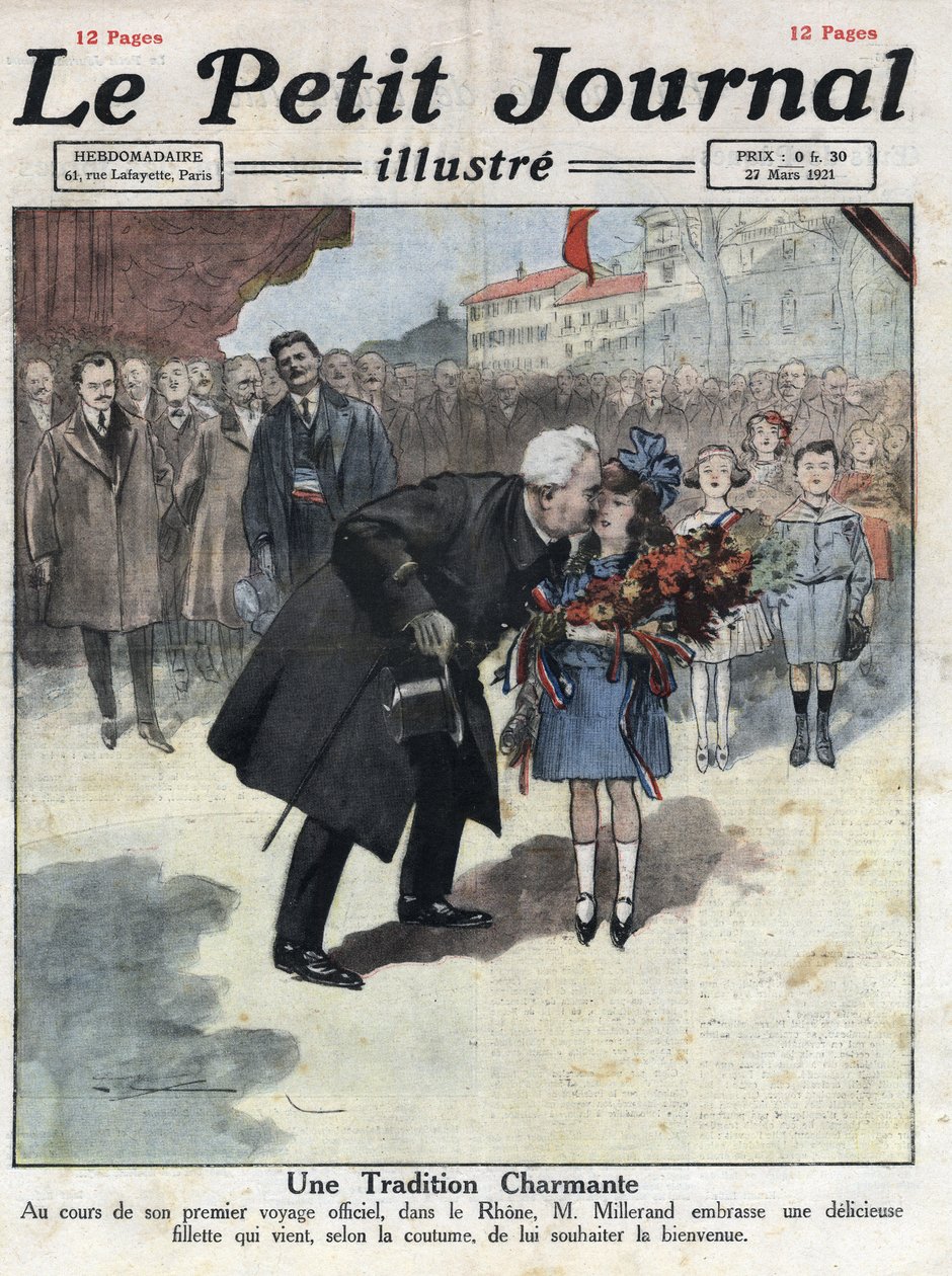 A little girl offers a bouquet in tricolour colours to the President of the Republic Alexandre Millerand during one of his displacements in the Rhone. Illustration taken from 
