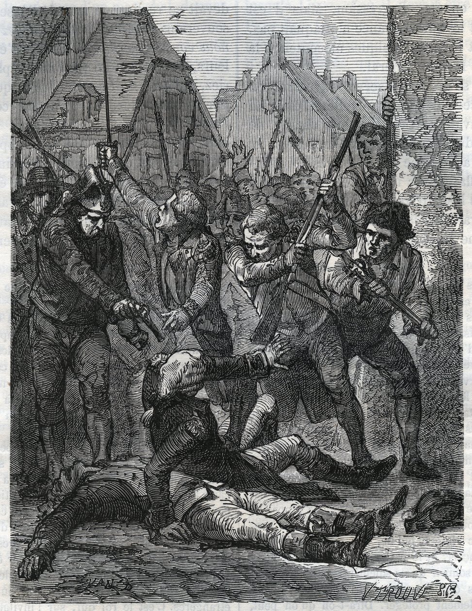 A Scene During the French Revolution: Theobald de Dillon and a Genie Officer Named Berthois, Massacred by the Soldiers and People of Lille. Engraving from 1866 in 