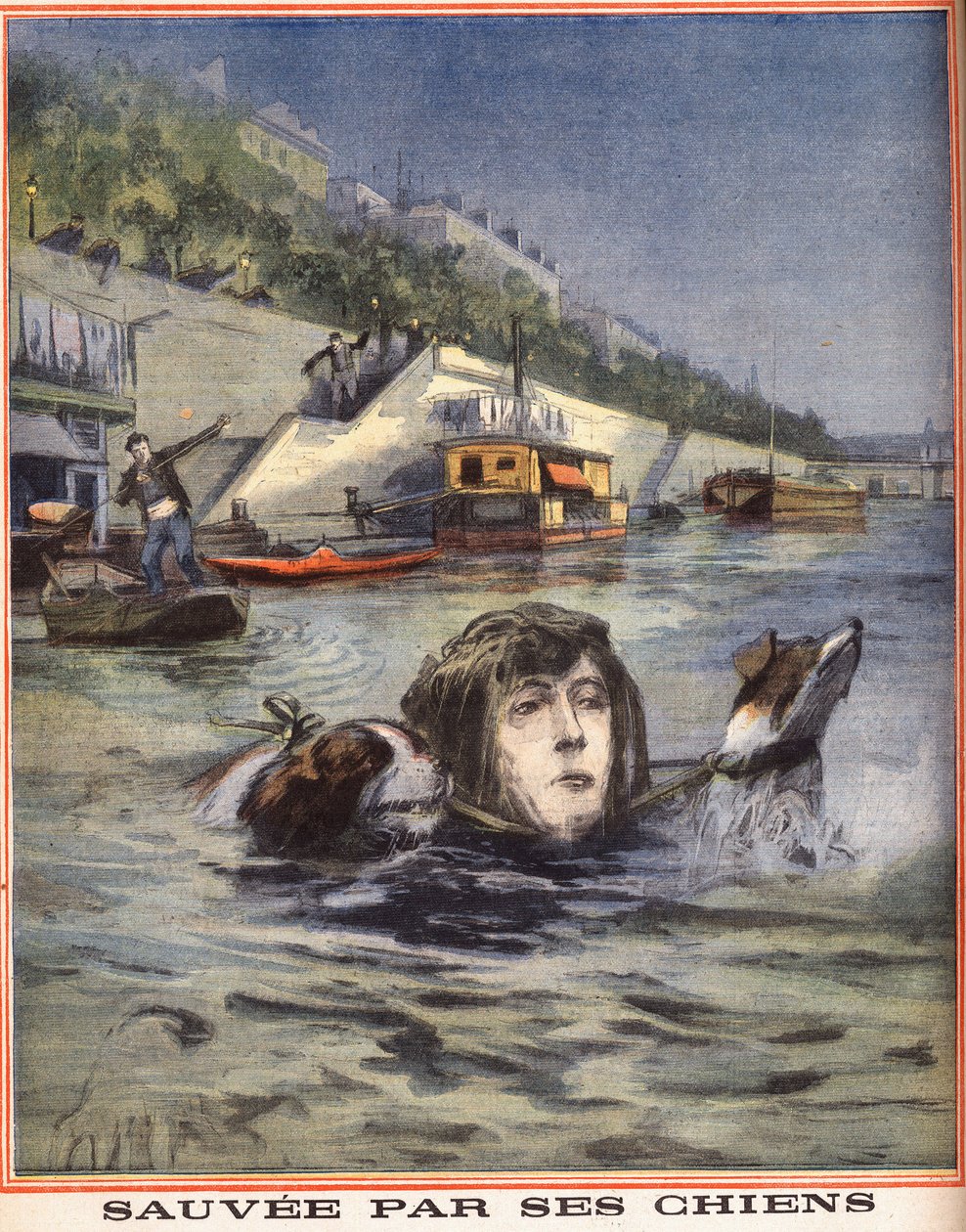 A Woman Falls in the Seine and is Saved by Her Dogs in Paris. Engraving in 