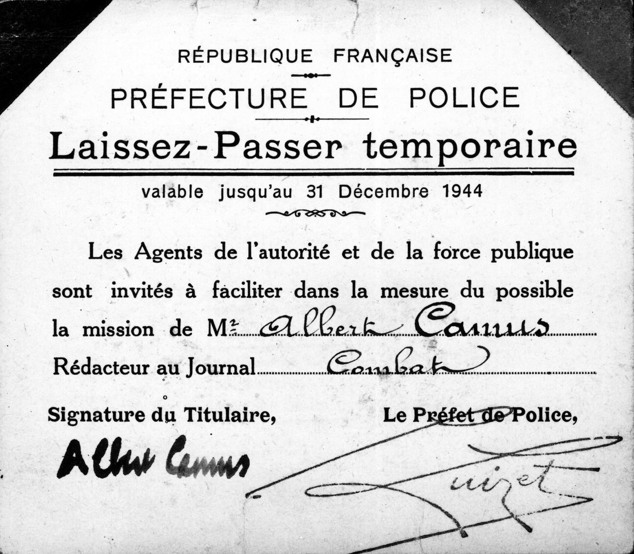 Albert Camus temporary pass, valid until December 31 by Anonymous Anonymous