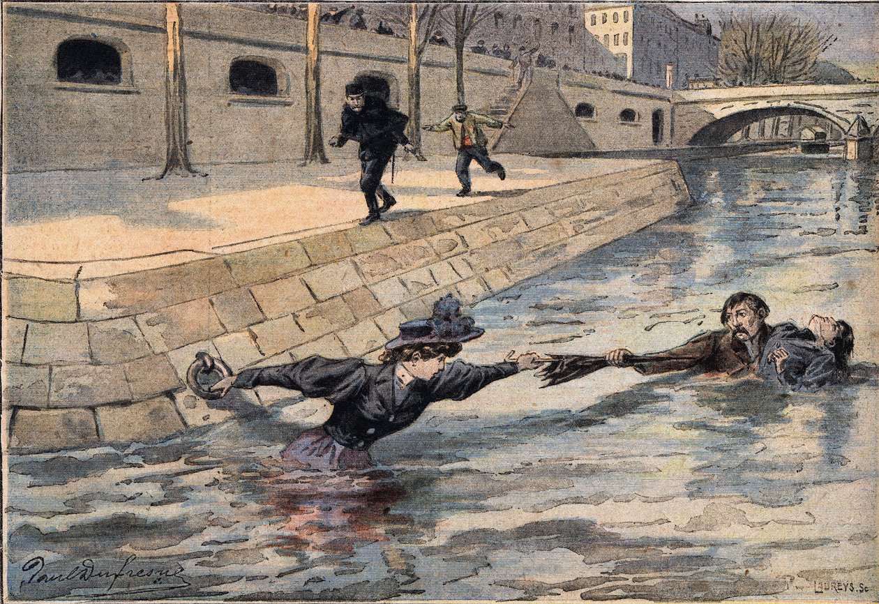 An ingenious rescue: near the bridge of the Holy Father, a woman having precipitated in the seine is saved by a man who helped another woman. Engraving from the newspaper 