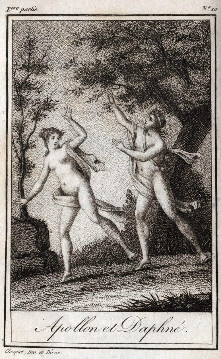 Apollo and Daphne. The nymph Daphne turns into a laurel to escape Apollo. Engraving from 1819 in 