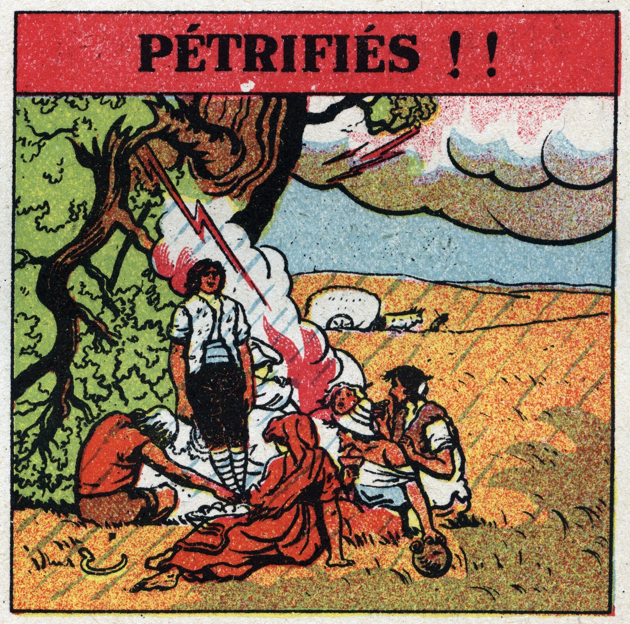 Atmospheric electricity: men electrocuted by lightning remain petrified. Anonymous illustration from 1925. Private collection. by Anonymous Anonymous