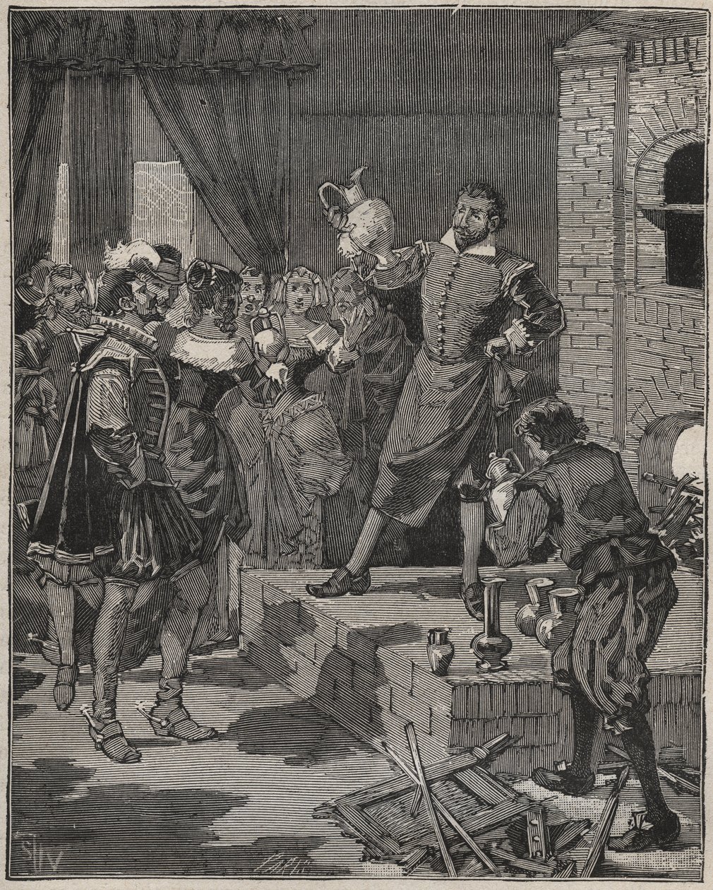 Bernard Palissy, French triumphant ceramist, removes his first pieces of enamels from the oven. Engraving from 1880 in 