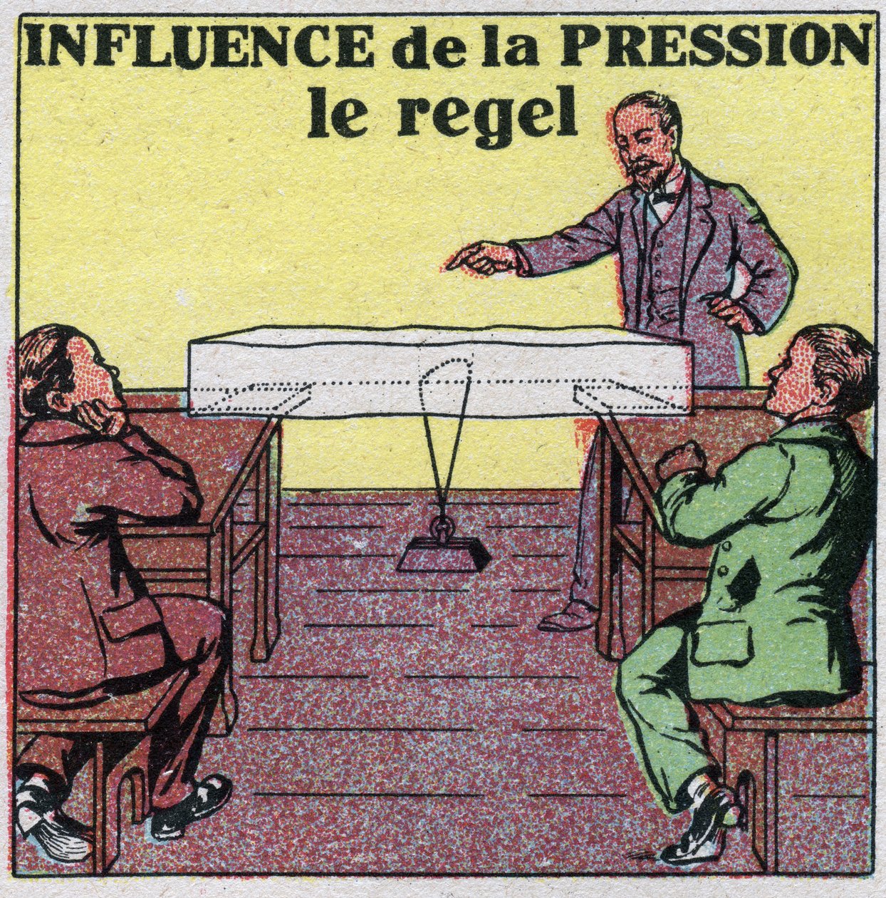 Changes in states: influence of pressure on fusion. Experience the regel or a wire stretched by a weight passes through a piece of ice without breaking it. Anonymous illustration from 1925. Private collection. by Anonymous Anonymous
