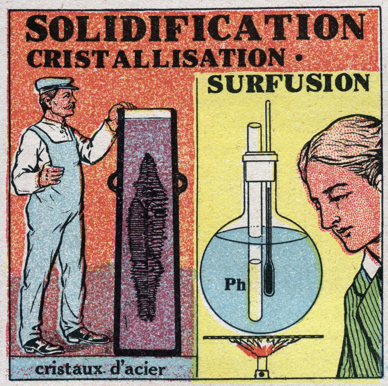 Changes in states: solidification and crystallization. Formation of steel crystals and superfusion of phosphorus. Anonymous illustration from 1925. Private collection. by Anonymous Anonymous