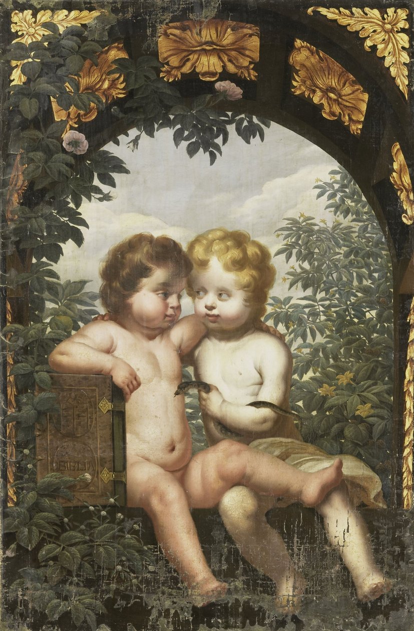 Christian Allegory with Two Children with a Bible and Snake by Anonymous Anonymous