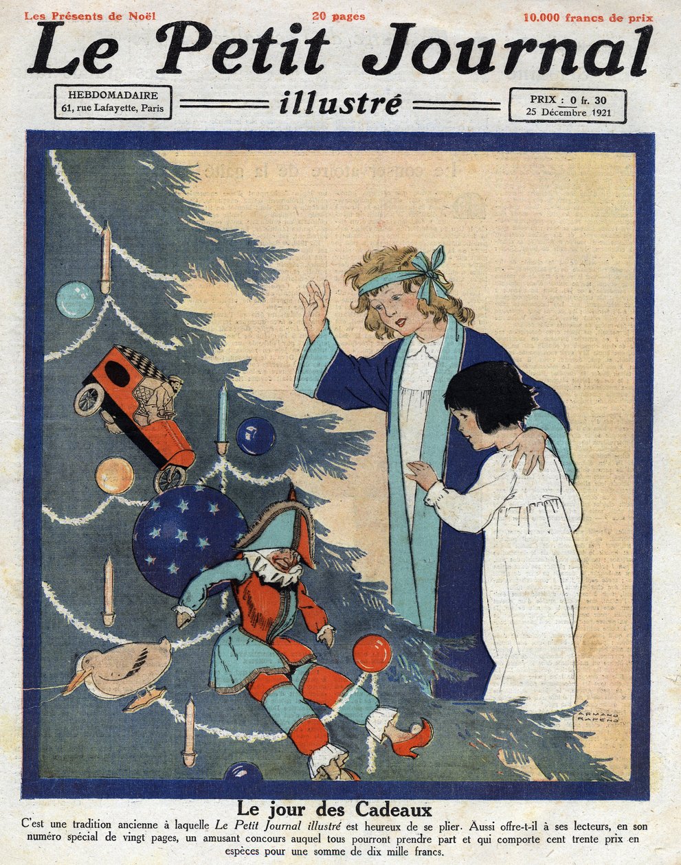 Christmas party: children discover gifts at the foot of the Christmas tree. Illustration taken from 