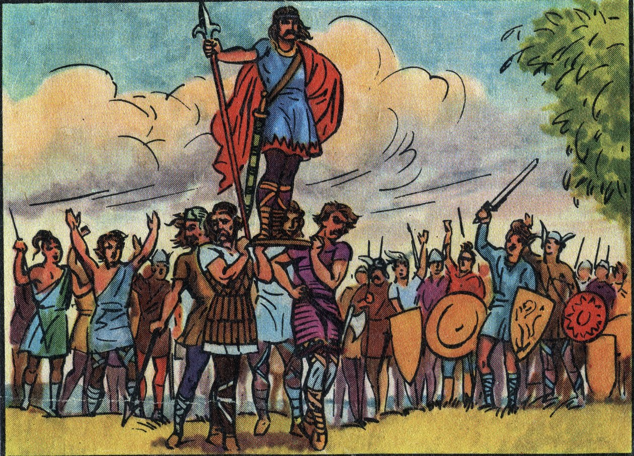 Clovis (king of the Francs from 481 to 511) was elected king by the Salians who carried him on the bulwark (shield) while touring the camp. Anonymous illustration in Collection des souverains et chefs d