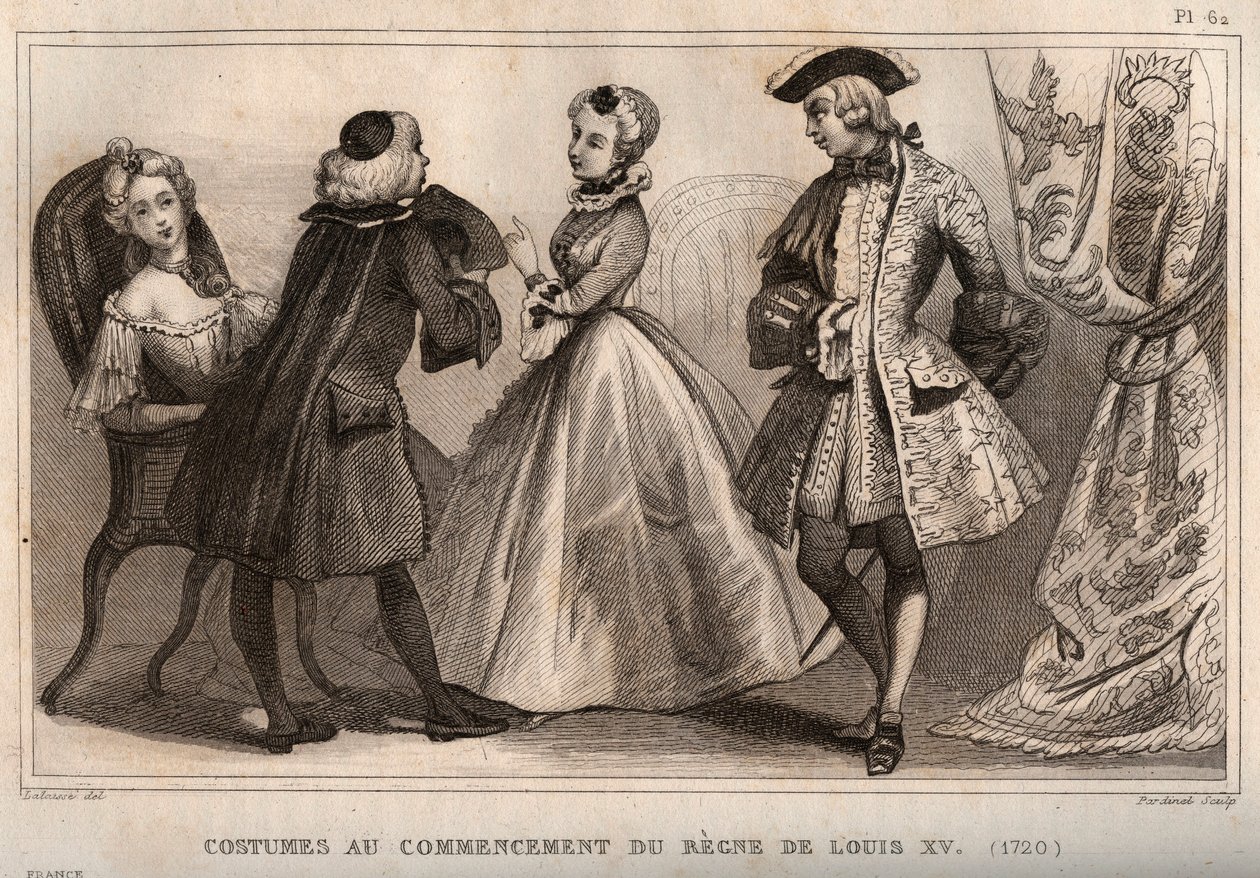 Costumes at the beginning of the reign of Louis XV (1720). Engraving from 1859 in Le Monde. History of all peoples from the most remote times to the present day by M. E. de Lostalot-Bachoue. Private collection. by Anonymous Anonymous