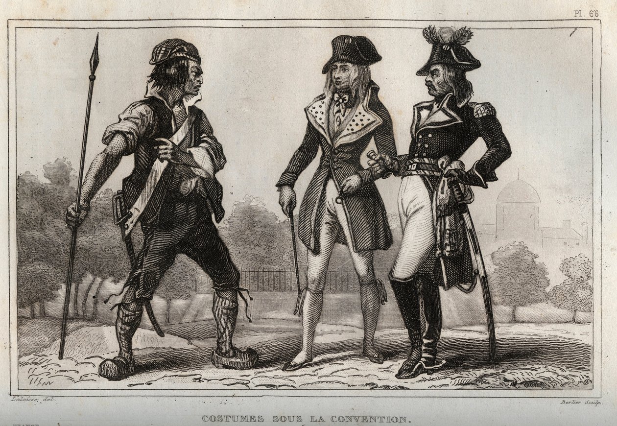 Costumes under the Convention. Engraving from 1859 in Le Monde. History of all peoples from the most remote times to the present day by M. E. de Lostalot-Bachoue. Private collection. by Anonymous Anonymous