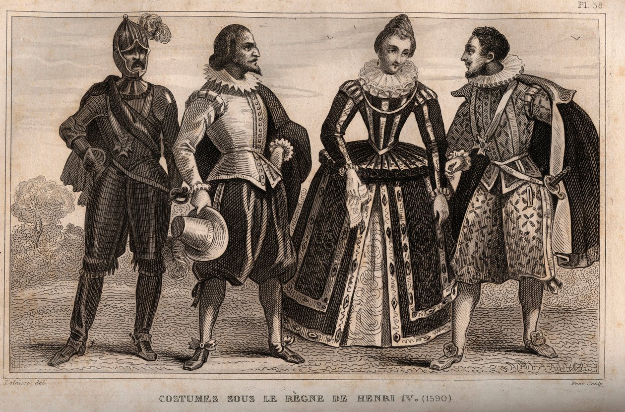 Costumes under the rule of Henry IV (1590). Engraving from 1859 in Le Monde. History of all peoples from the most remote times to the present day by M. E. de Lostalot-Bachoue. Private collection. by Anonymous Anonymous