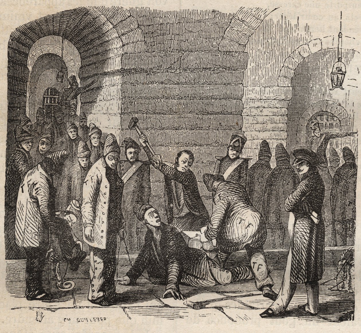 Coupling at the Rochefort bagne in the 19th century. Engraving in Histoire des bagnes depuis leur création à nos jours (1877) by Pierre Zaccone. Private collection. by Anonymous Anonymous