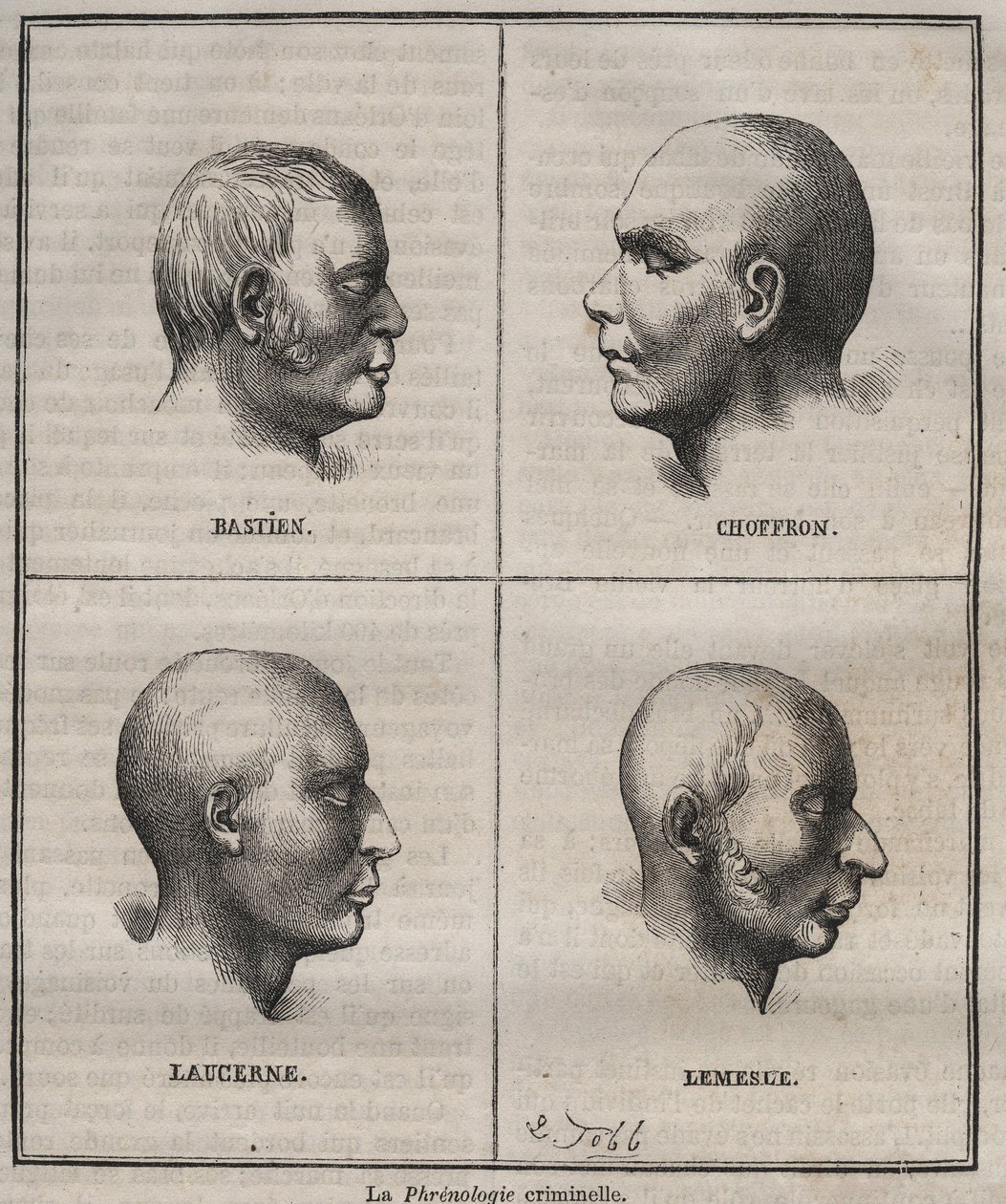 Criminal Phrenology in the Brest Bagne (portraits depicting the physiognomic characteristics of different types of criminals). Engraving in Histoire des bagnes depuis leur création à nos jours (1877) by Pierre Zaccone. by Anonymous Anonymous
