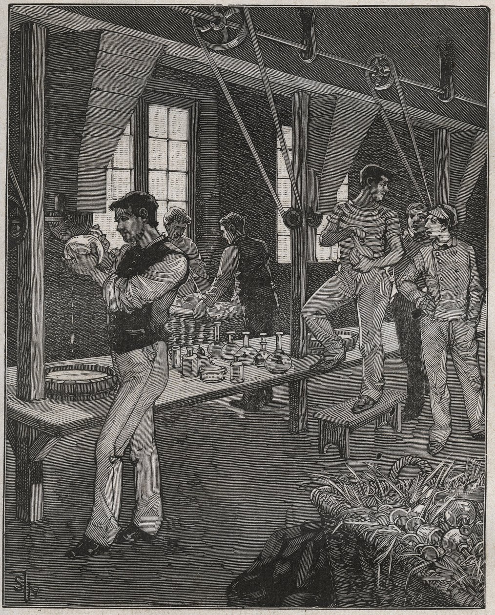 Crystal Engravers Workshop in France in the 19th Century. Engraving from 1885 in 