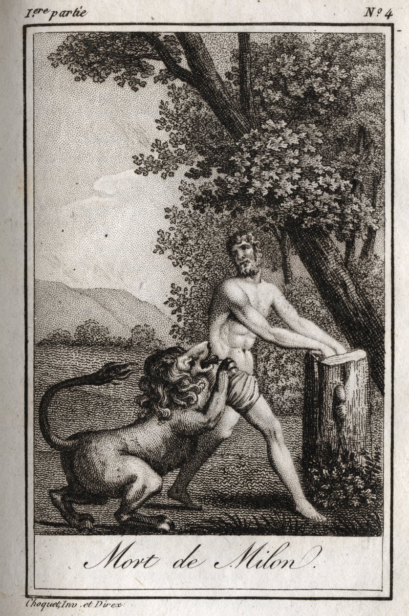 Death of Milon de Crotone devoured by a wolf. Engraving from 1819 in 