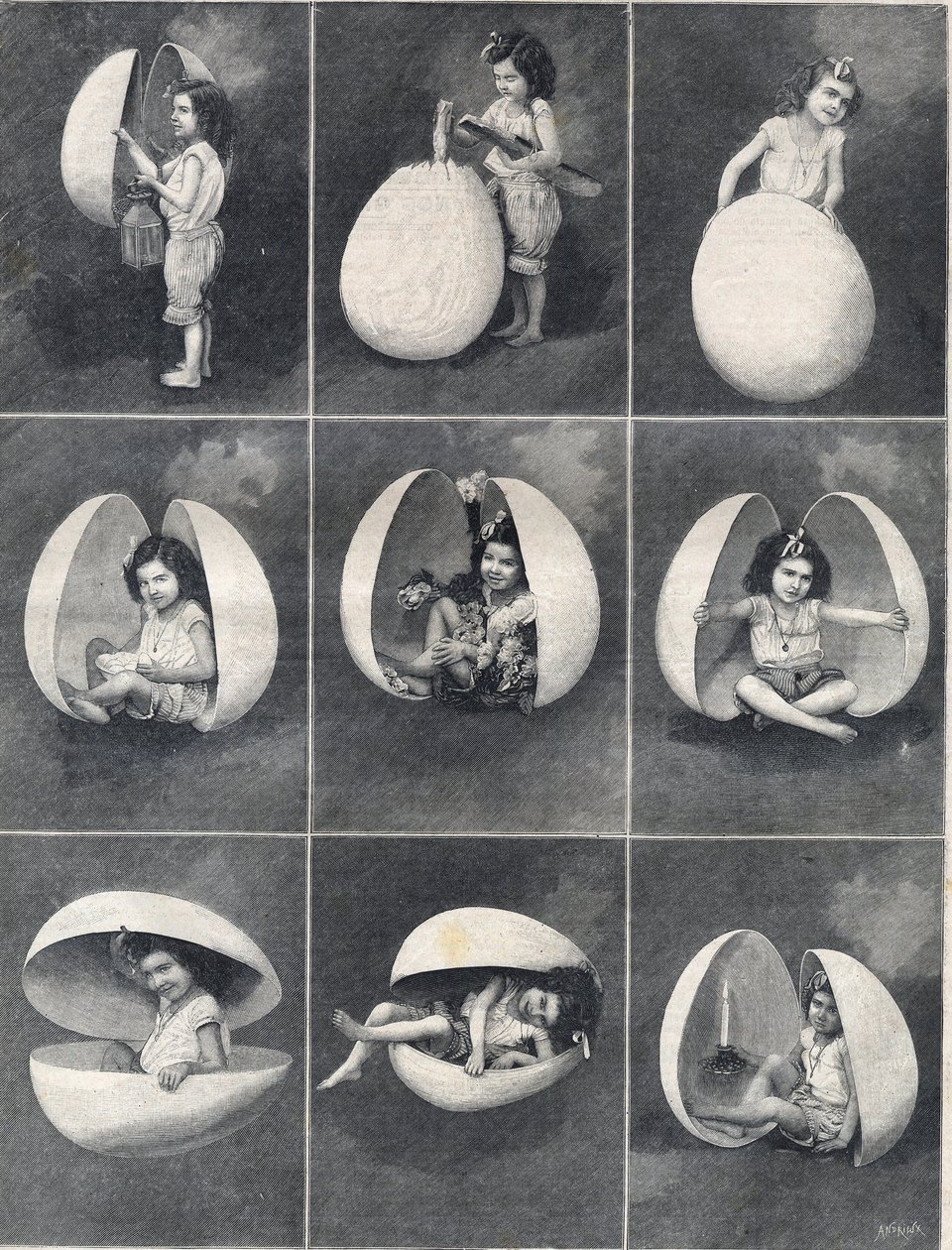 Easter eggs: a little girl in an egg. Engraving in Le Petite Parisien by Anonymous Anonymous