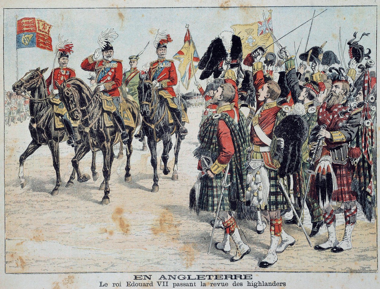 Edward VII (1841-1910) King of England reviews the Scottish Highlanders - Illustration from the illustrious supplement of the Little Diary, 1905 by Anonymous Anonymous