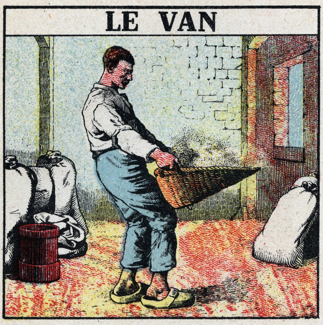Electric tooling: the van or wicker basket used to wipe grain before the invention of electric machines. Anonymous illustration from 1925. Private collection. by Anonymous Anonymous