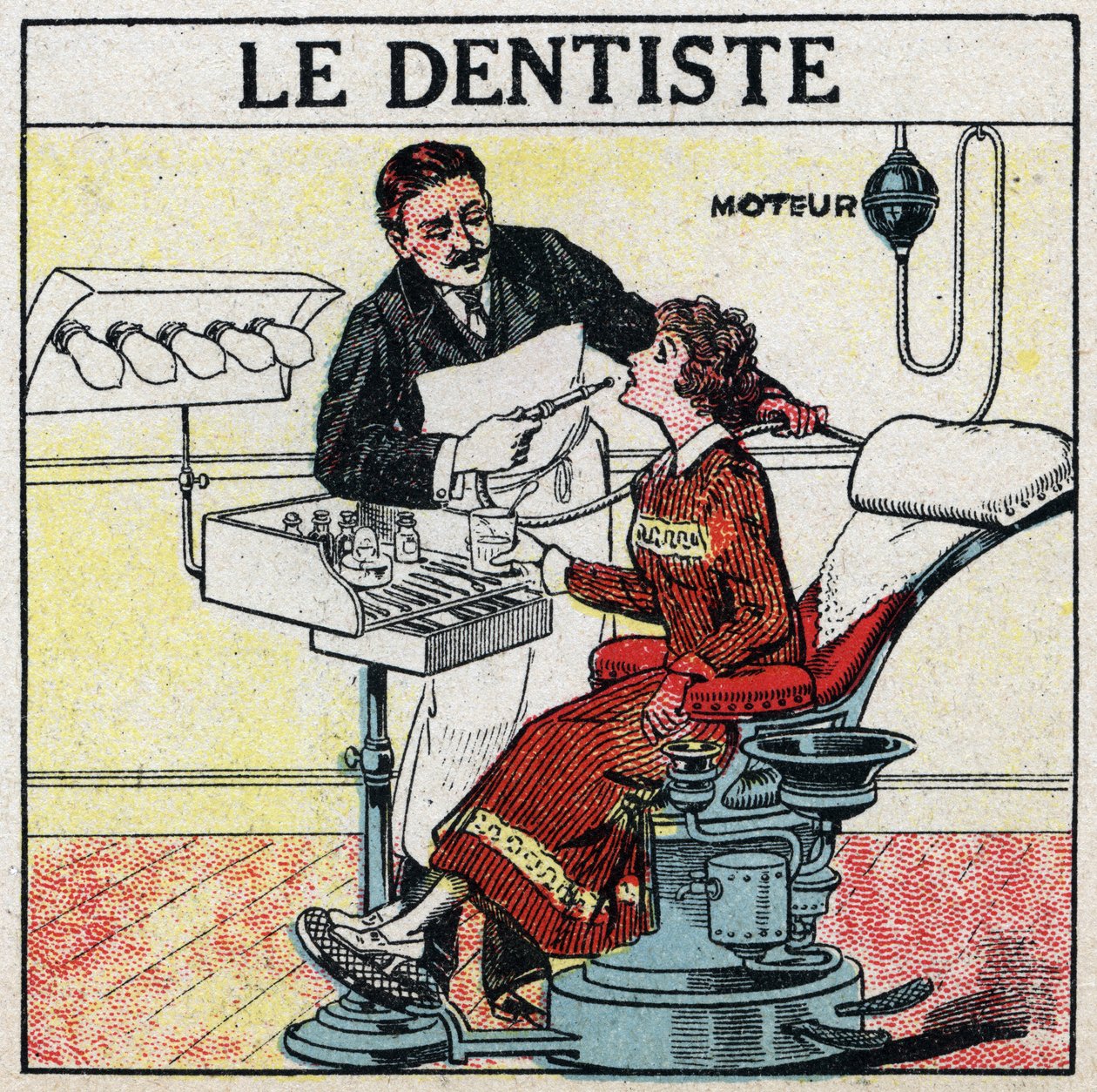 Electric tools: the dentist. Anonymous illustration of 1925. Private collection. by Anonymous Anonymous