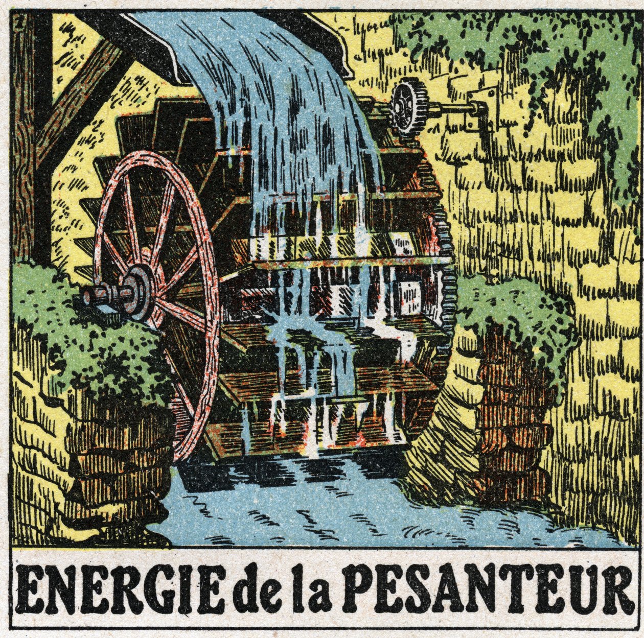 Energy of gravity: wheel of a water mill. Anonymous illustration from 1925. Private collection by Anonymous Anonymous