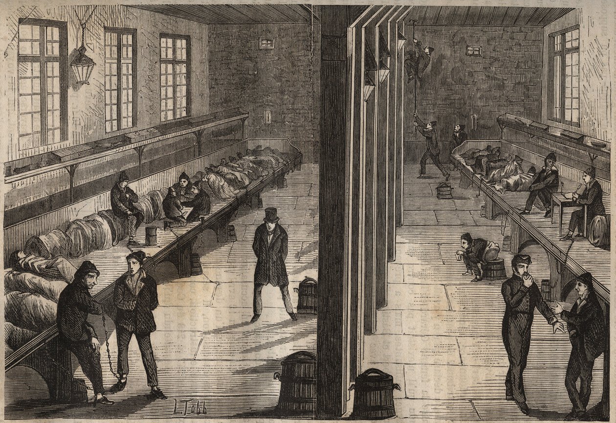 Escape of three convicts in the room Saint Gilles of the bagne de Rochefort on 28 December 1840. Engraving in 