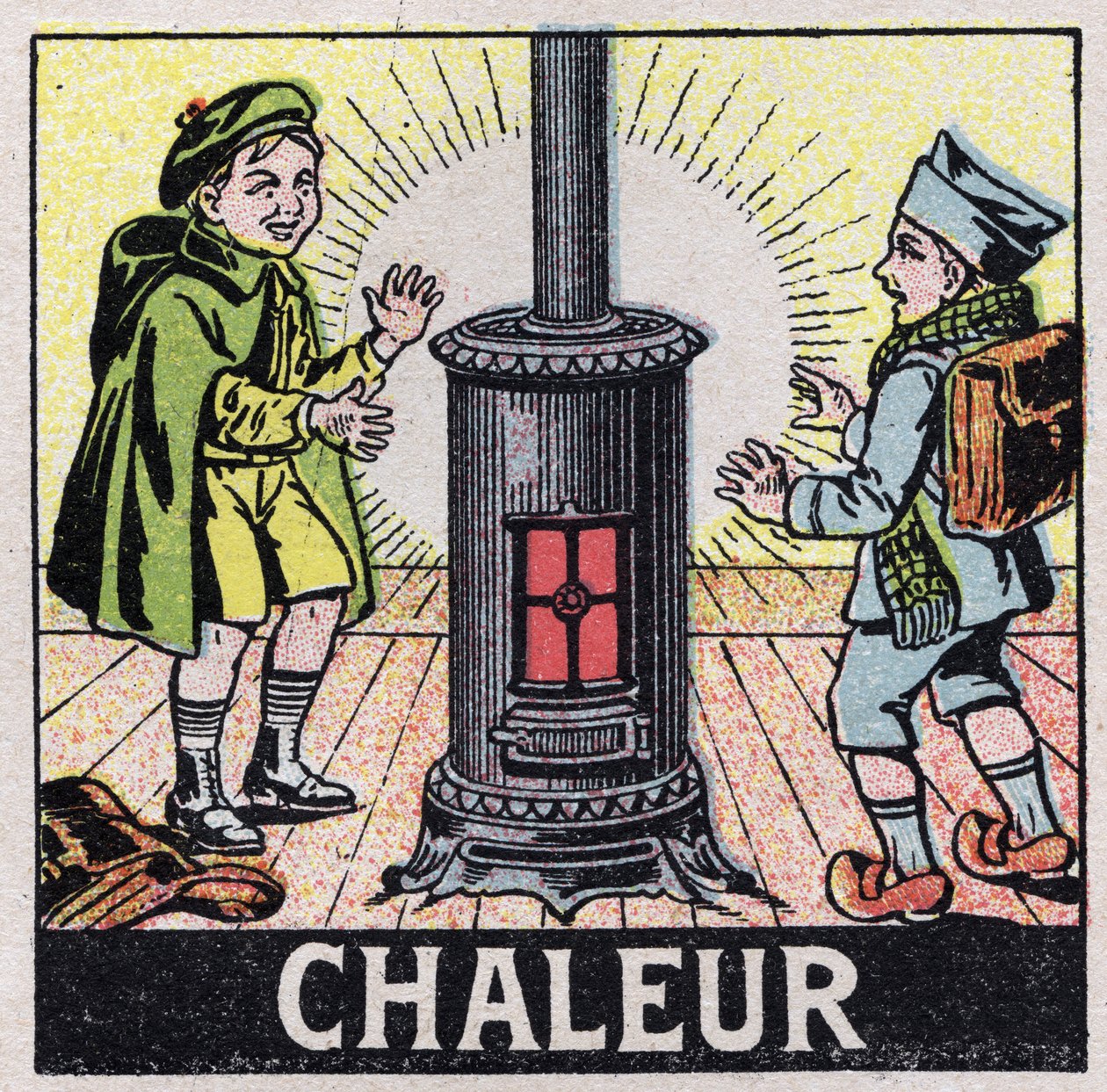 Ether (Material): Two Children Heated by the Heat of a Stove. Anonymous Illustration from 1925. Private Collection by Anonymous Anonymous