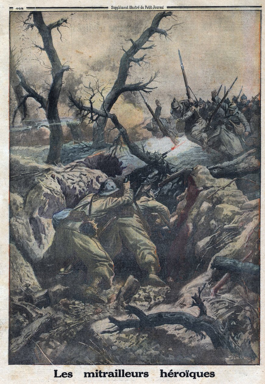 First World War 1914-1918. French machine gunners shooting at German military attacking. In Le Petite Journal, on 9/04/1916. Private Collection by Anonymous Anonymous