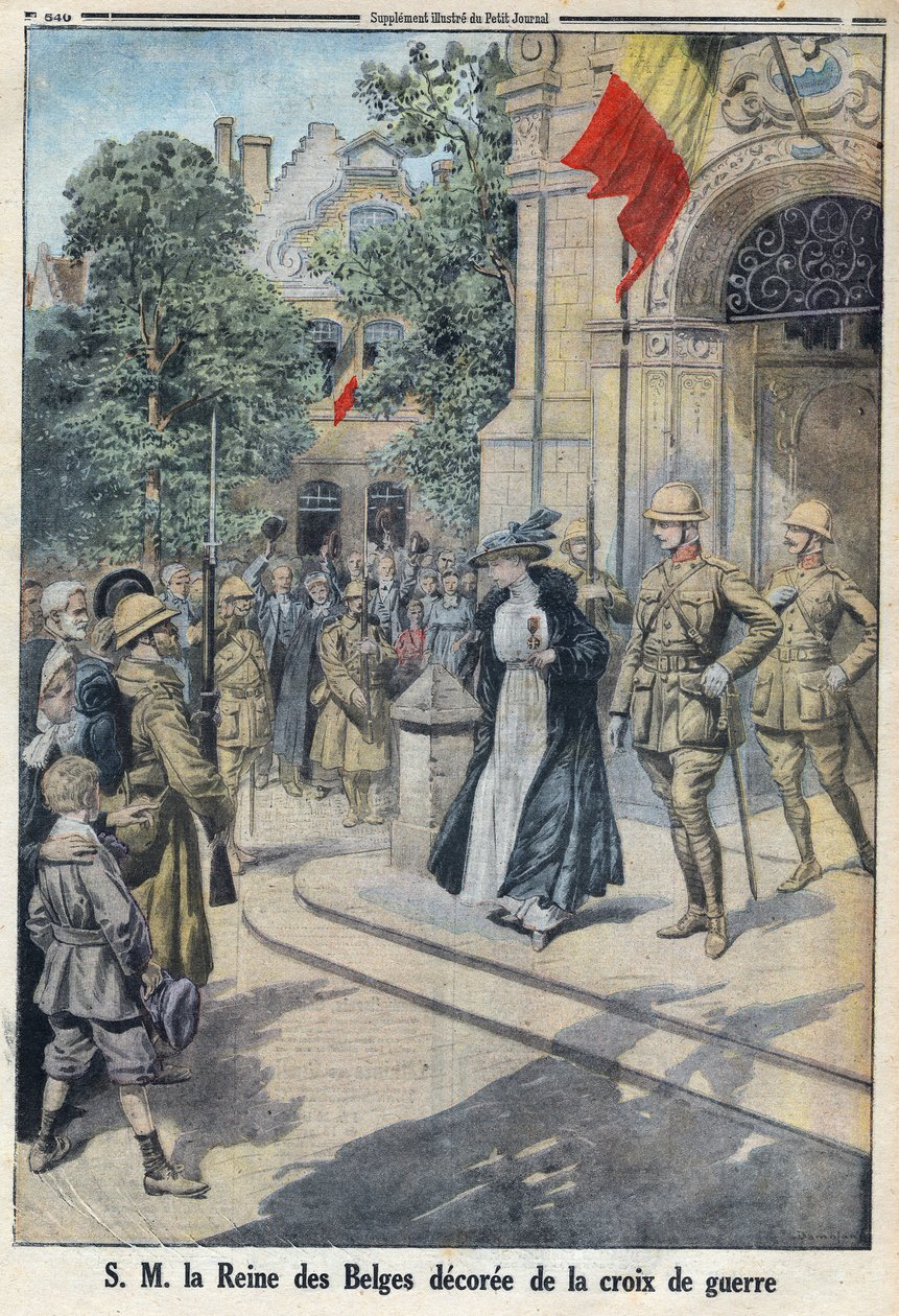First World War 1914-1918. Her Majesty the Queen of the Belgians Elisabeth de Baviere (1876-1965) was awarded the war cross. In Le Petite Journal by Anonymous Anonymous