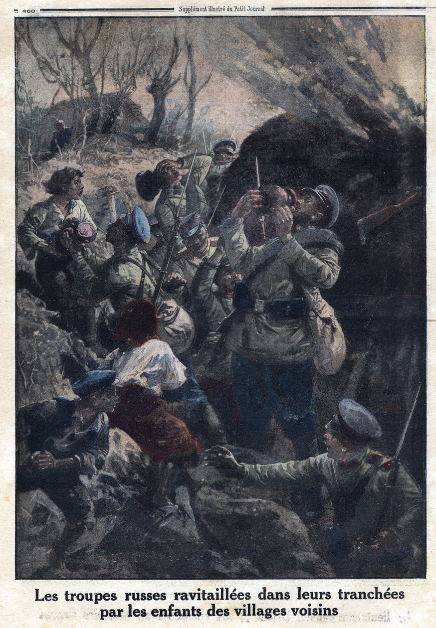 First World War 1914-1918. Russian military troops refueled in their trenches by children from neighboring villages. In Le Petite Journal, on 02/04/1916. Private Collection by Anonymous Anonymous