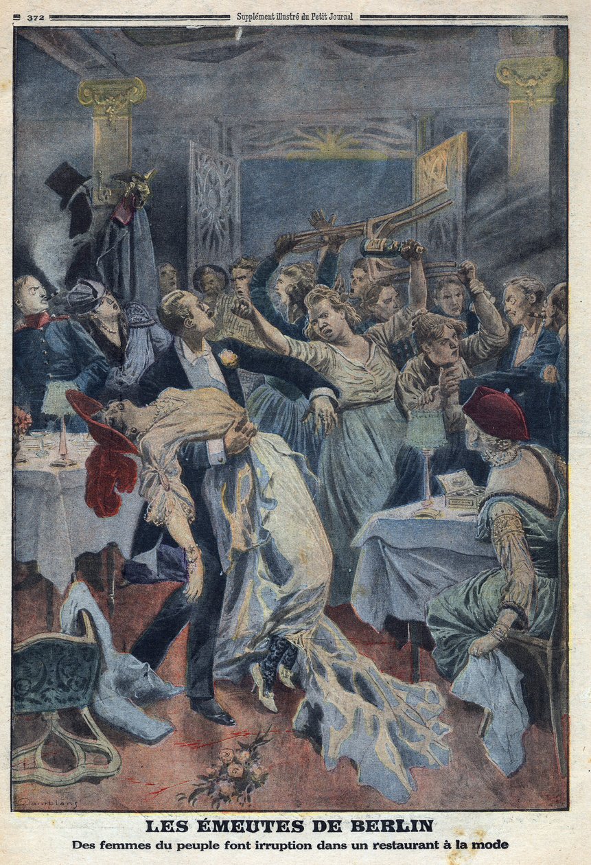 First World War 1914-1918. The women of the people break into a fashionable restaurant and demand the return of their husbands. In Le Petite Journal, on 16/01/1916. Private Collection by Anonymous Anonymous
