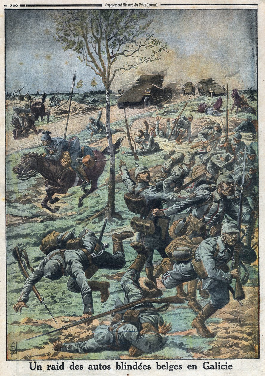 First World War 1914-1918. Raid of Belgian cars blindees in