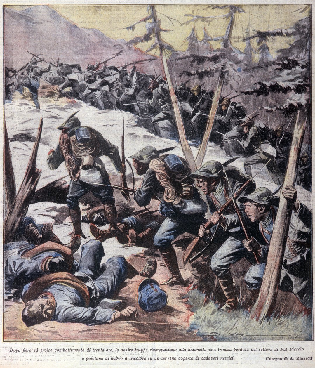 First World War: Italian alpine hunters take back from enemies the Pal Piccolo, Italian Alps - 1916 Illustration from La Domenica del Corriere by Anonymous Anonymous