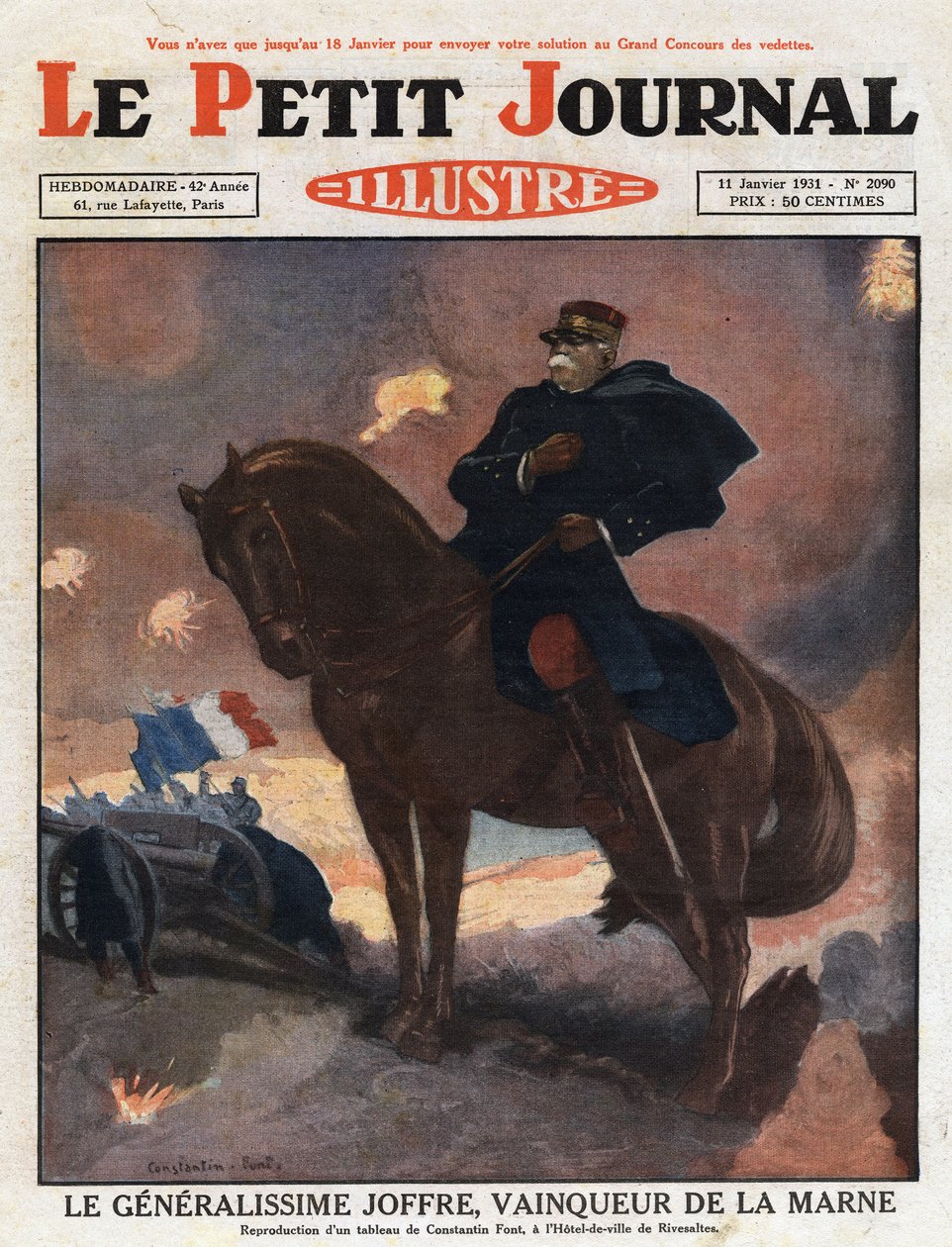 First World War: portrait of General Joseph Joffre (1852-1931) on horseback, representing as victor on the battlefield of La Marne (September 1914) - Illustration from a painting by Constantine Font - Engraving from 