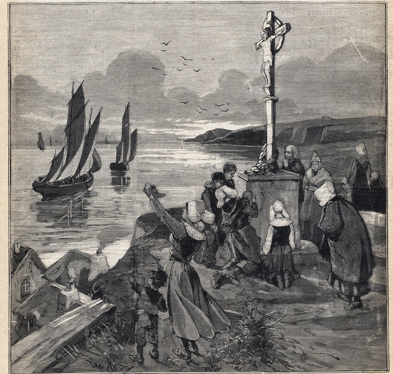 Fishing in Iceland: the fishermen leave Brittany. Engraving in 