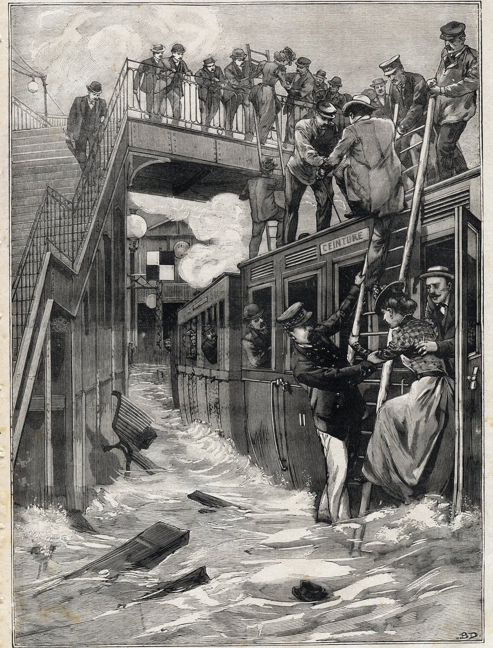 Flooding of the Gare de la Chapelle on the Line of the Small Belt in Paris (engraving) by Anonymous Anonymous
