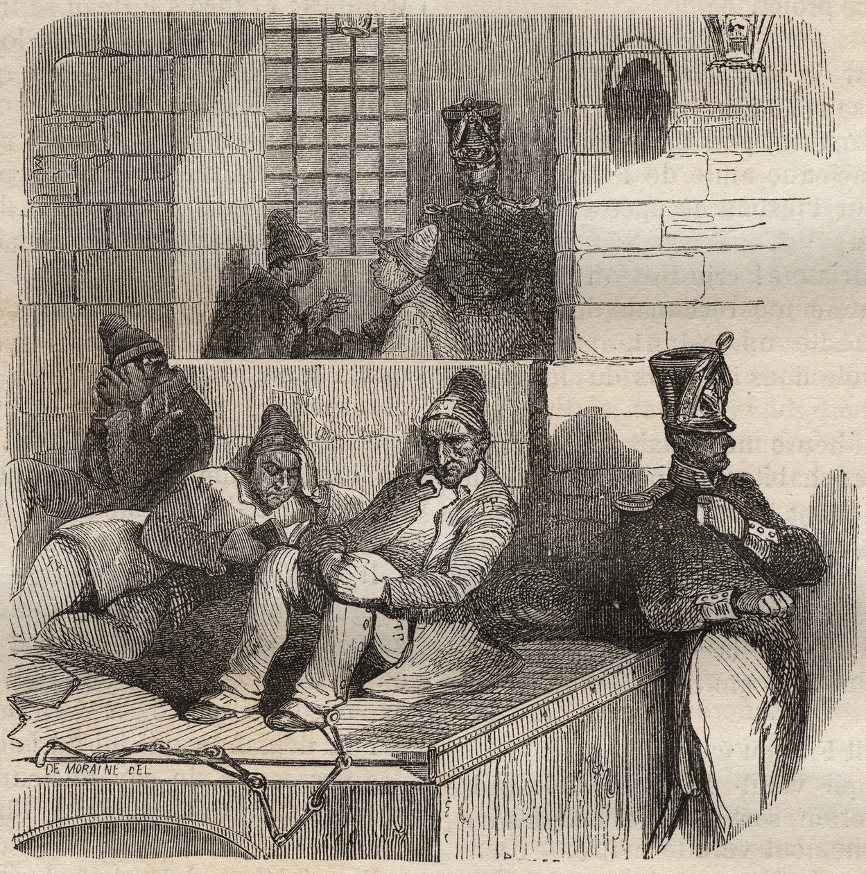 Convict at rest at the Rochefort bagne in the 19th century. Engraving in 