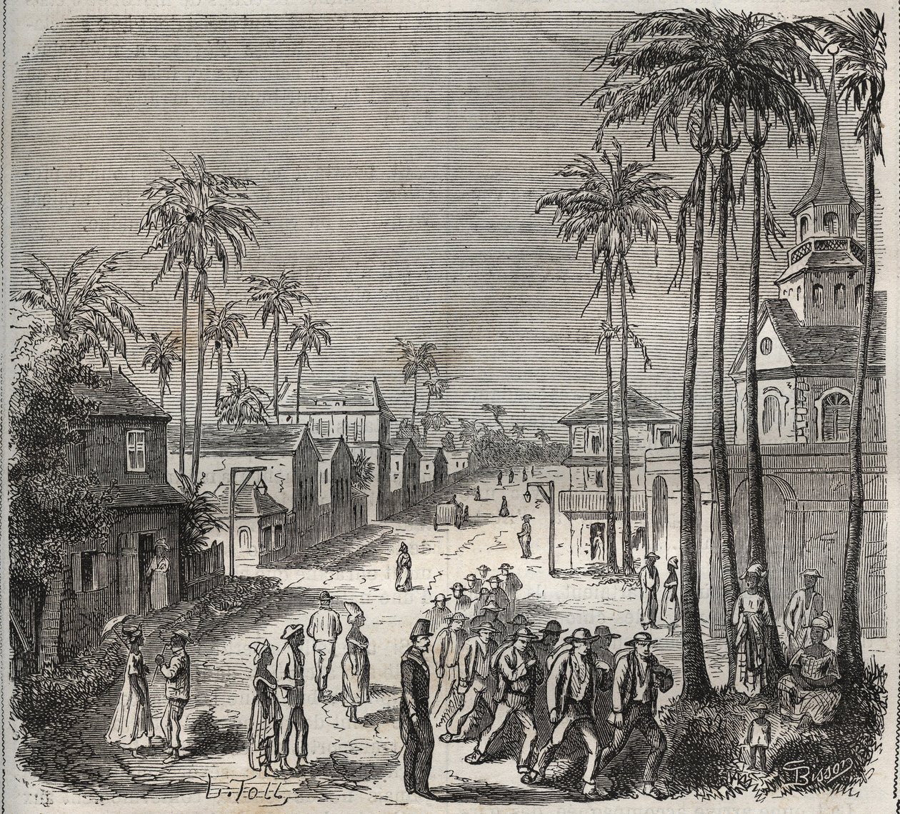 Forcats going to work at the penitencier Saint-Laurent in Cayenne in the 19th century. Engraving in 