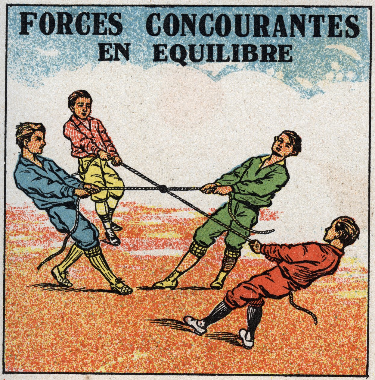 Forces: competing forces in balance. Children pulling on a ring, each by a rope from their side, while remaining in balance by Anonymous Anonymous