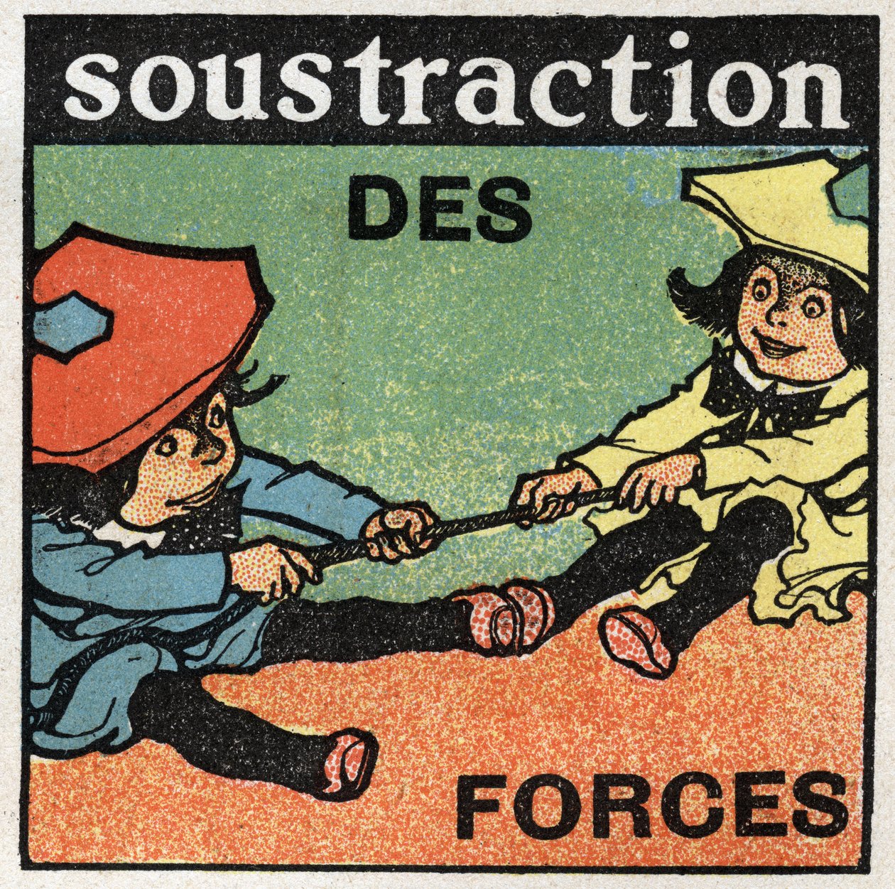 Forces: subtraction of forces. Two kids pulling a rope. Anonymous illustration from 1925. Private collection. by Anonymous Anonymous