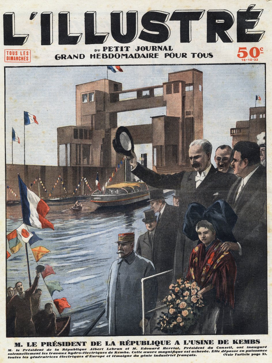 French industry: Albert Lebrun (1871-1950), president of the Republic and Edouard Herriot (1872-1957), president of the council inaugurated the hydroelectric power plant of Kembs in the Haut-Rhin in Alsace. Headline engraving of L